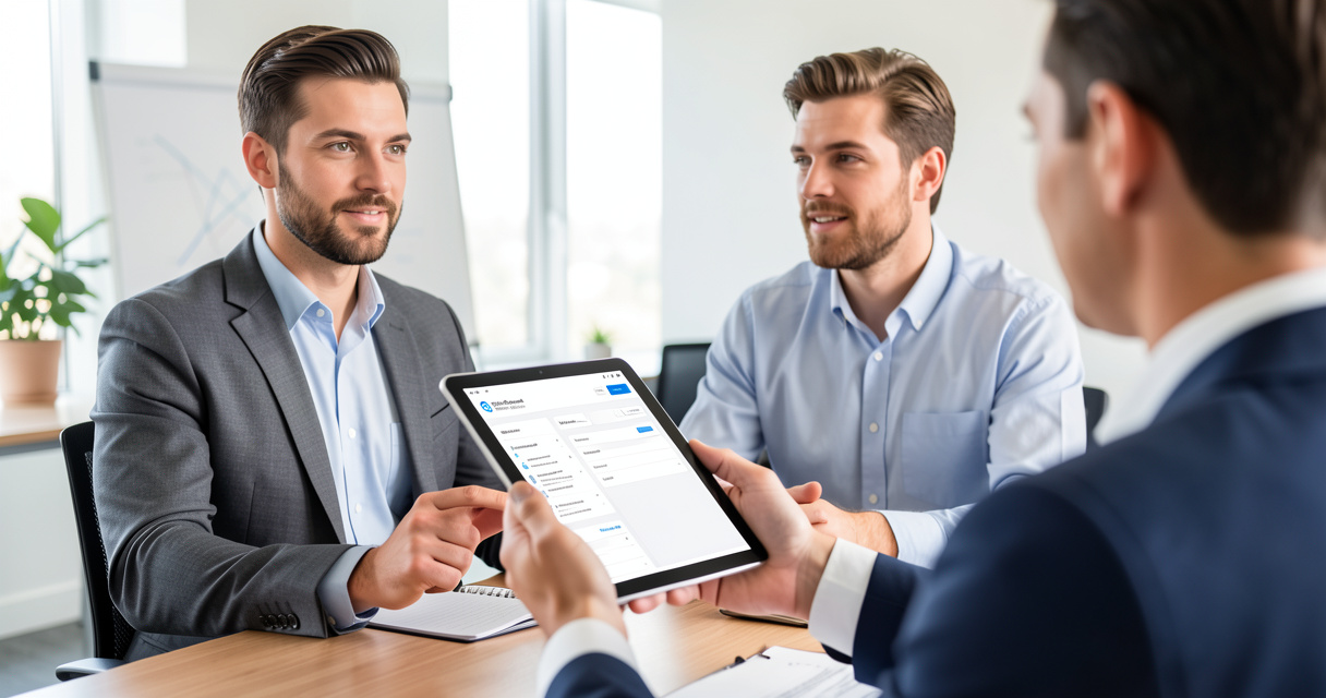 White label SEO software client report on tablet in agency meeting