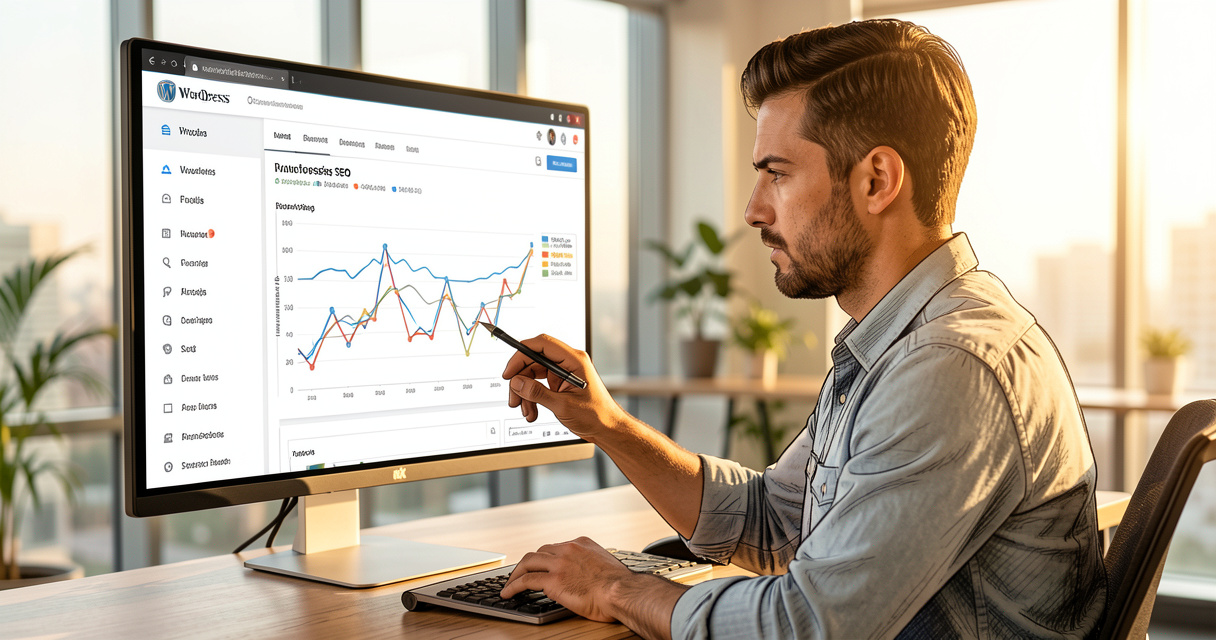 WordPress SEO expert reviewing audit checklist in modern office