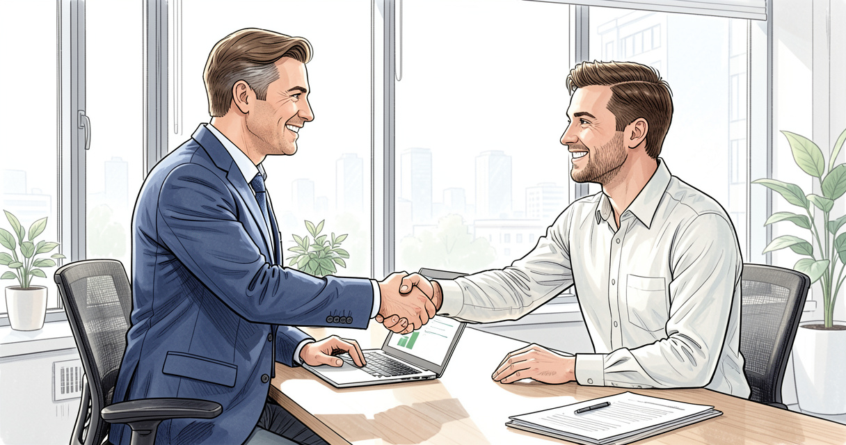 Business owner hiring WordPress SEO expert in bright modern office