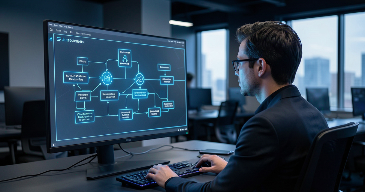 Developer monitoring an agentic AI web development workflow on dual screens