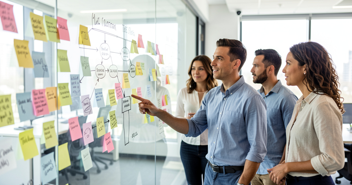 Team mapping generative AI use cases on a glass wall in an office