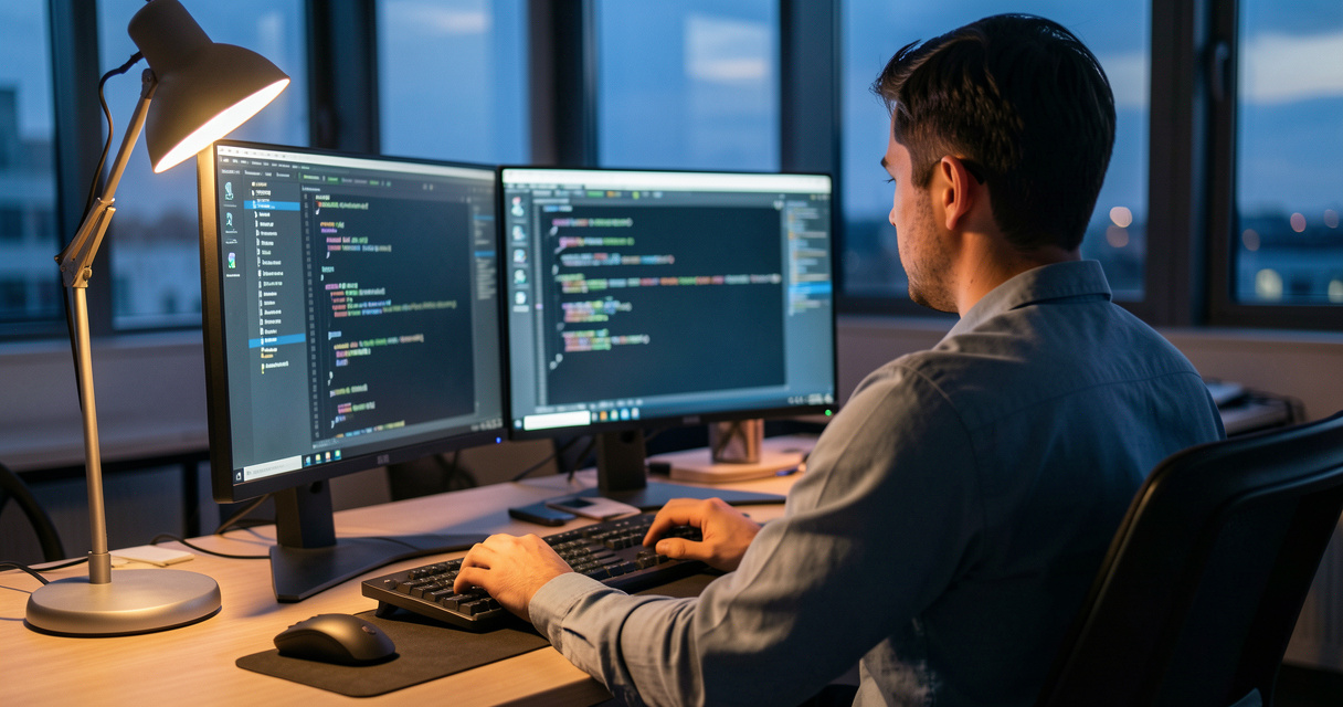 Engineer testing generative AI use cases with code on dual monitors